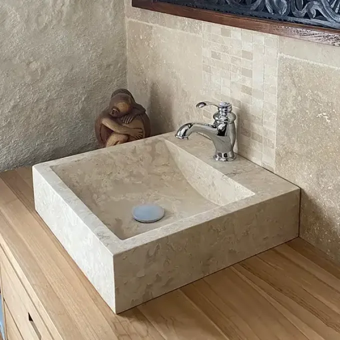 Vasque lavabo carré 45x45 cm en pierre naturelle travertin